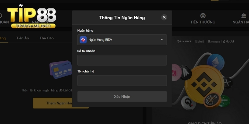 Điền thông tin tài khoản để rút tiền TIP88